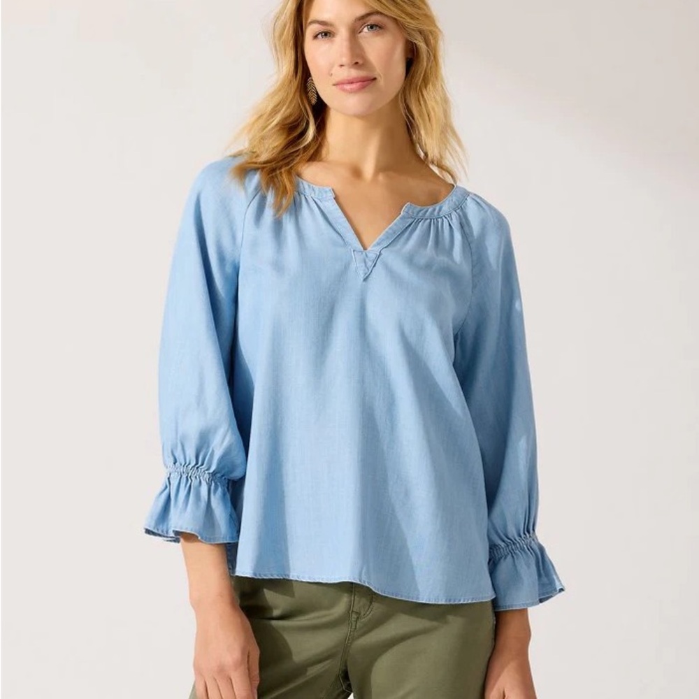 Tommy Bahama Chambray Montauk 3/4 Sleeve Shirt Top Size XS Blue I67